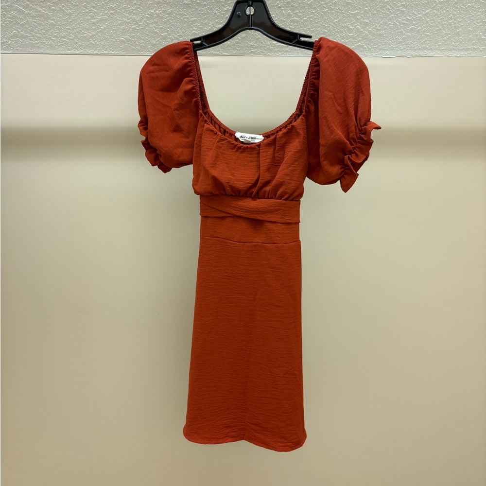 Chic Rust Puff Sleeve Mini Dress